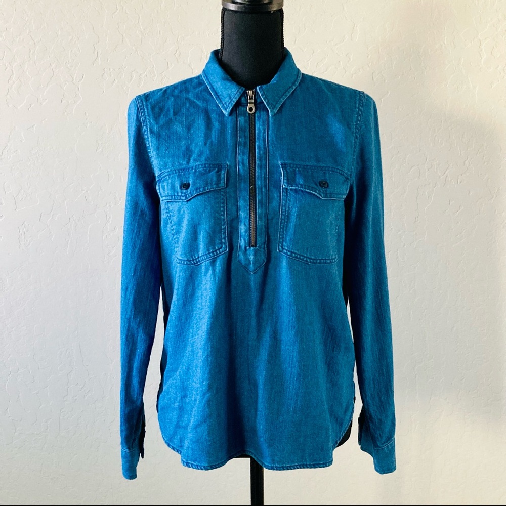 Madewell Indigo Zip Front Popover Long Sleeve Chambray Shirt / Size L